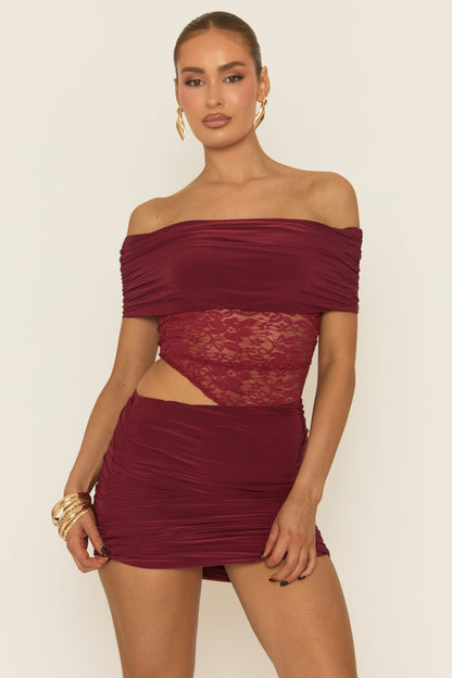 Wine Lace Bardot Top and Mini Skirt Co-ord Set - Mareen