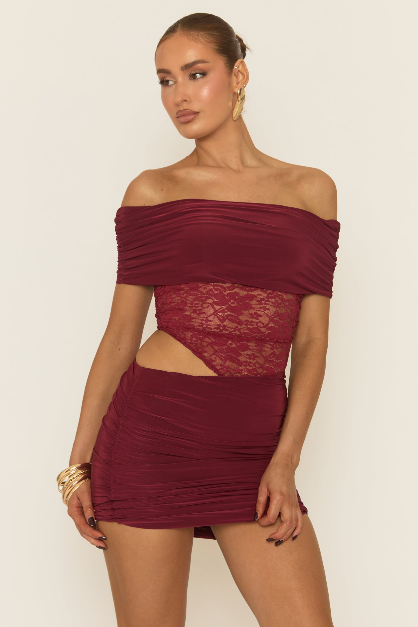 Wine Lace Bardot Top and Mini Skirt Co-ord Set - Mareen