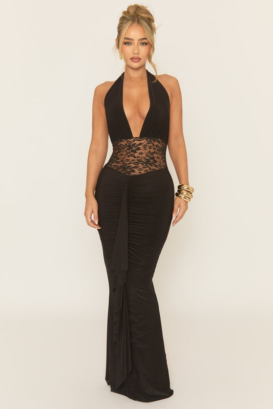 Black Cowl Lace Insert Maxi Dress - Minal