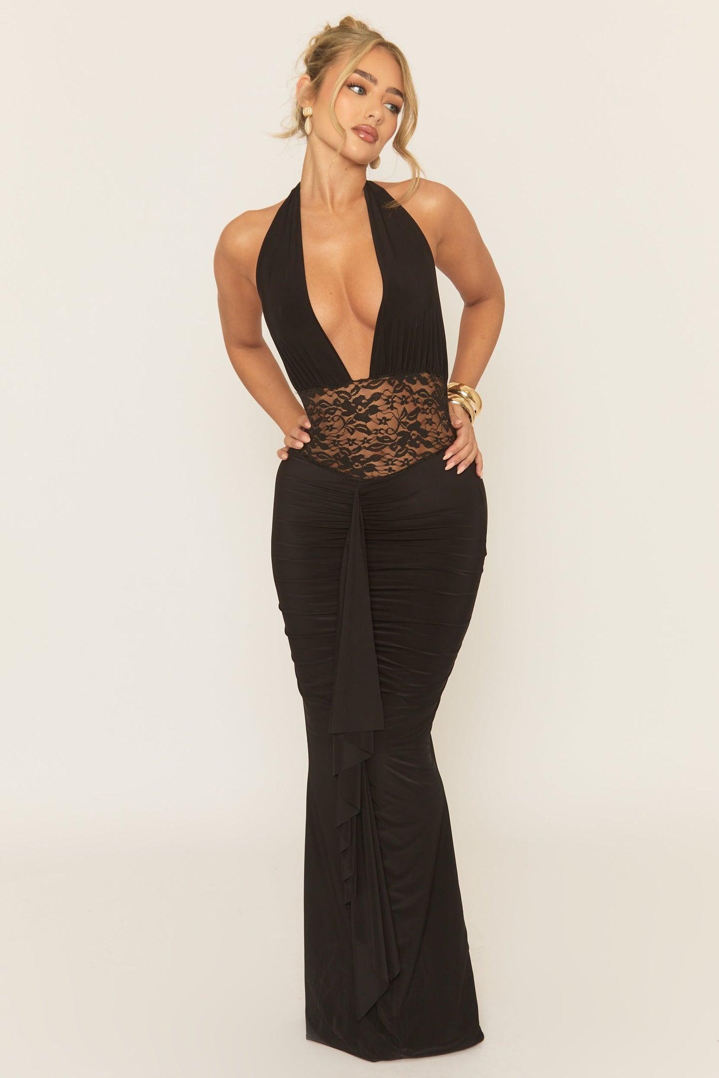 Black Cowl Lace Insert Maxi Dress - Minal