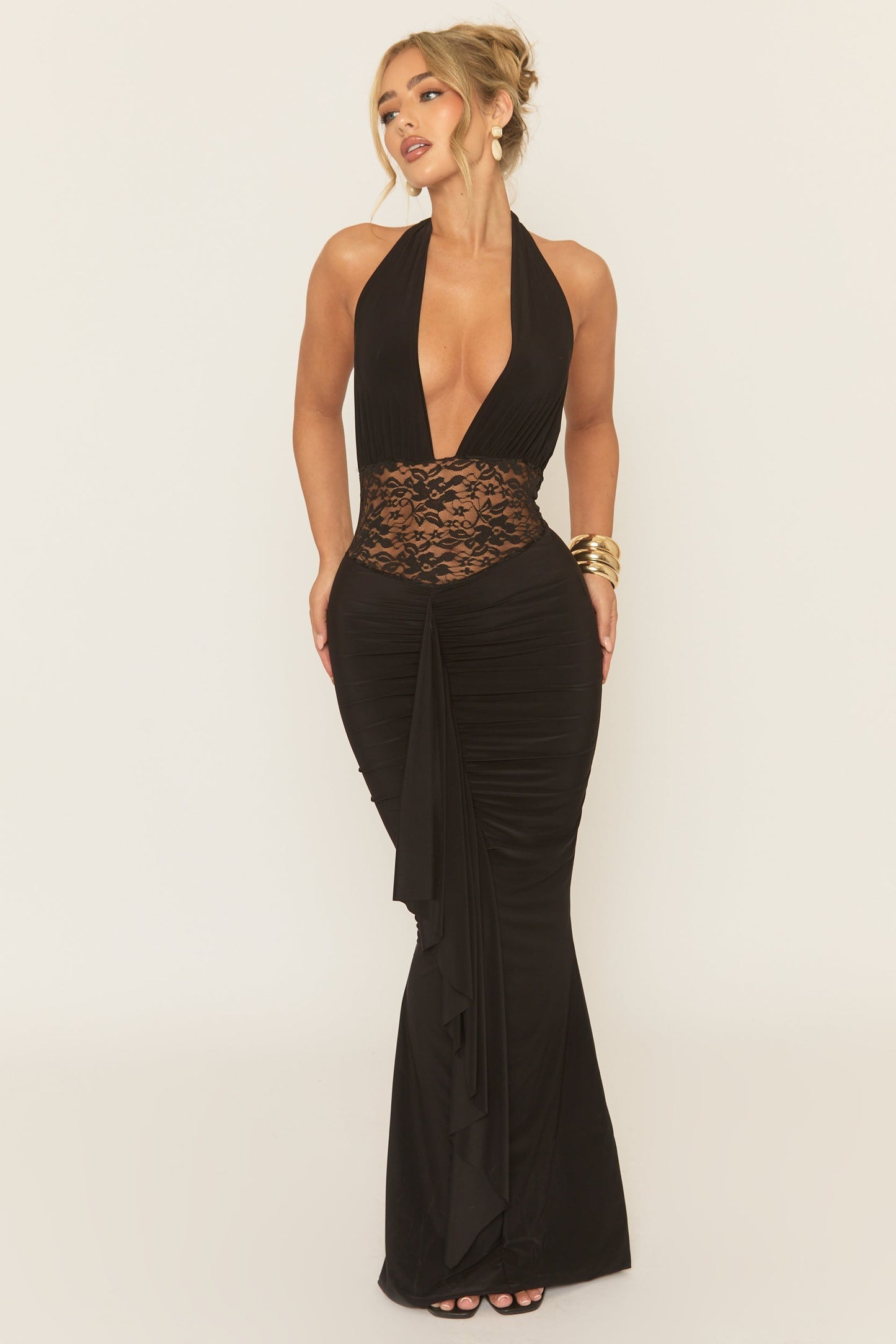 Black Cowl Lace Insert Maxi Dress - Minal