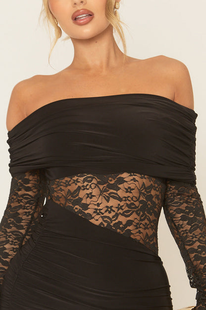 Black Lace Drape Front Mini Dress - Lorrae