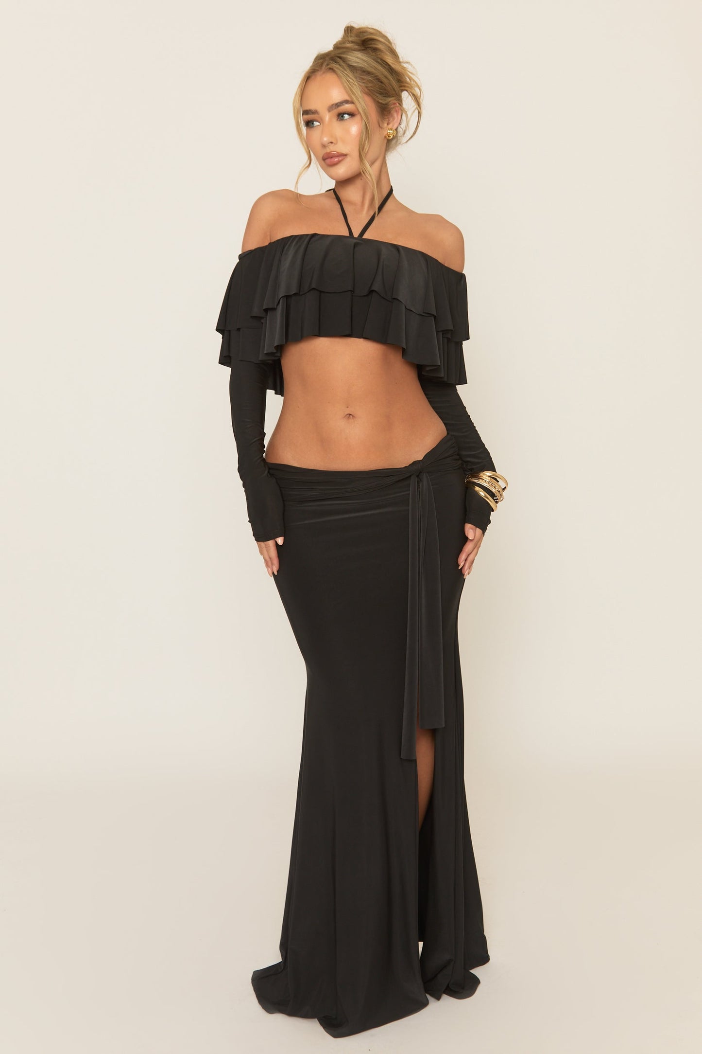 Black Ruffle Bardot Long Sleeve Top and Maxi Skirt Co-ord Set - Ladina