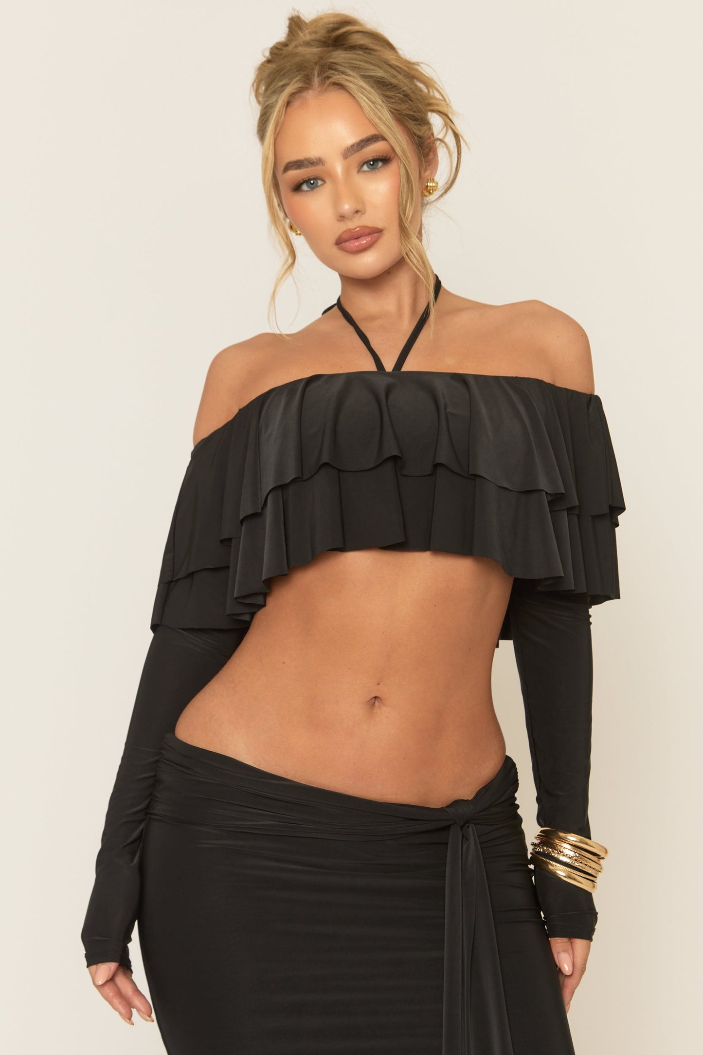 Black Ruffle Bardot Long Sleeve Top and Maxi Skirt Co-ord Set - Ladina
