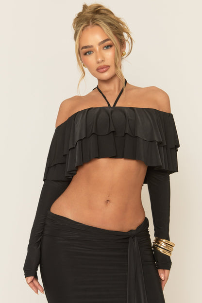 Black Ruffle Bardot Long Sleeve Top and Maxi Skirt Co-ord Set - Ladina