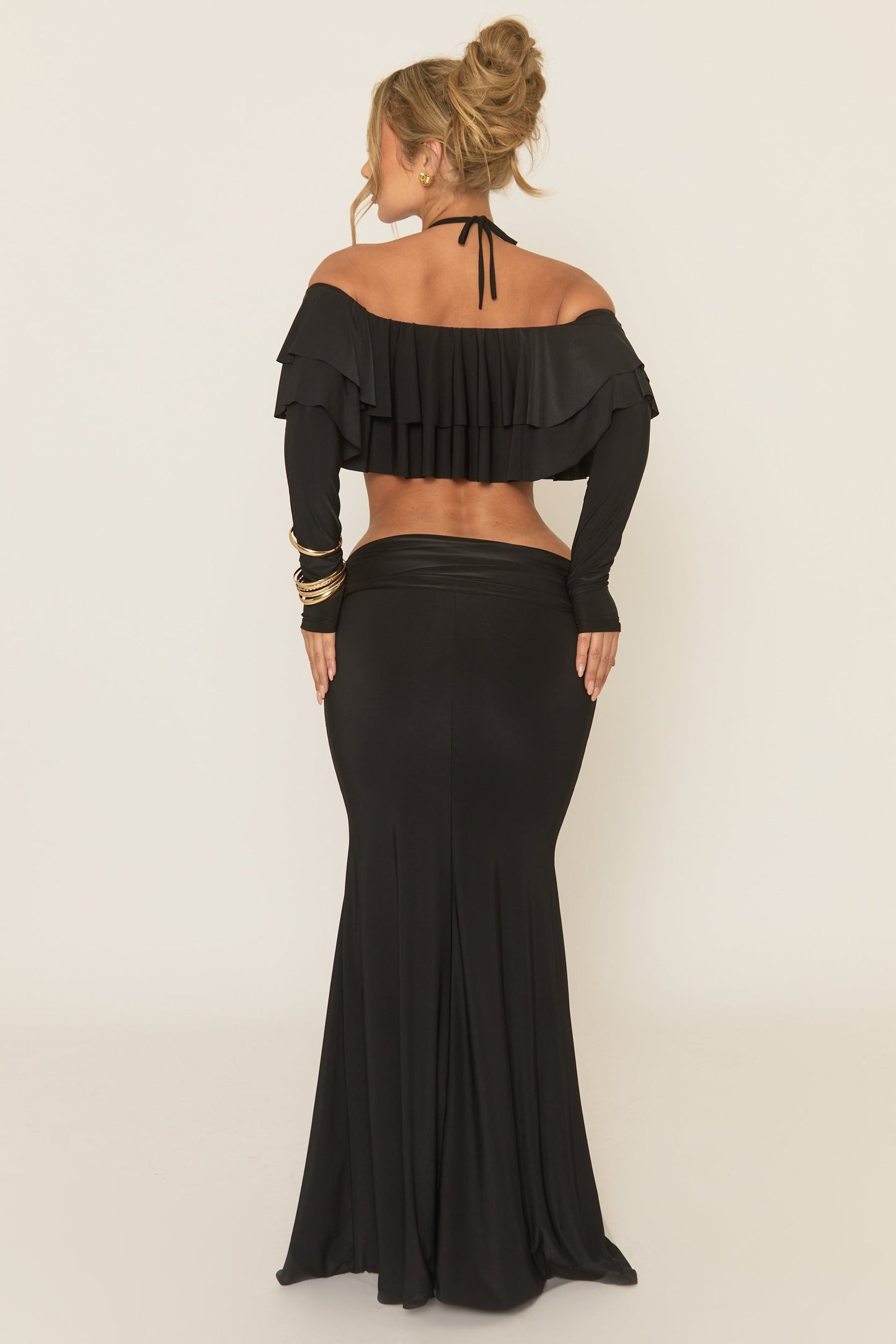 Black Ruffle Bardot Long Sleeve Top and Maxi Skirt Co-ord Set - Ladina