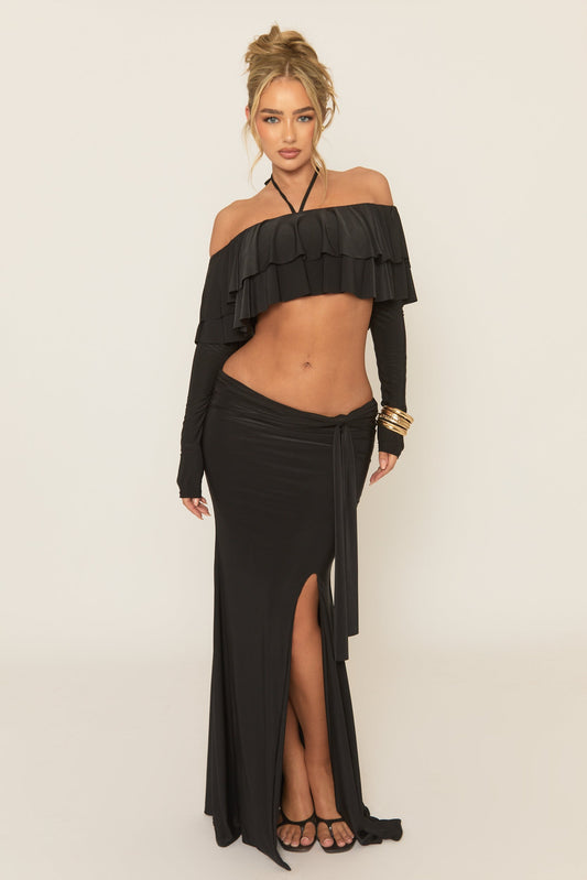 Black Ruffle Bardot Long Sleeve Top and Maxi Skirt Co-ord Set - Ladina
