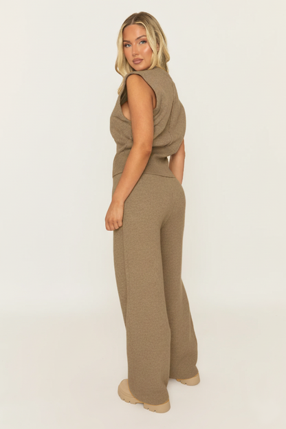 Mocha Knitted Vest and Trouser Loungewear Set - Aziel