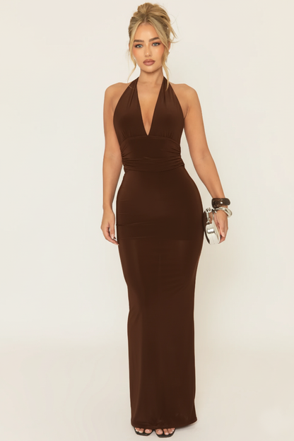 Chocolate Halterneck Tie Back Maxi Dress - Amalfie