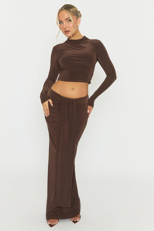 Chocolate Long Sleeve Top and Drape Maxi Skirt Co-ord Set - Yanna
