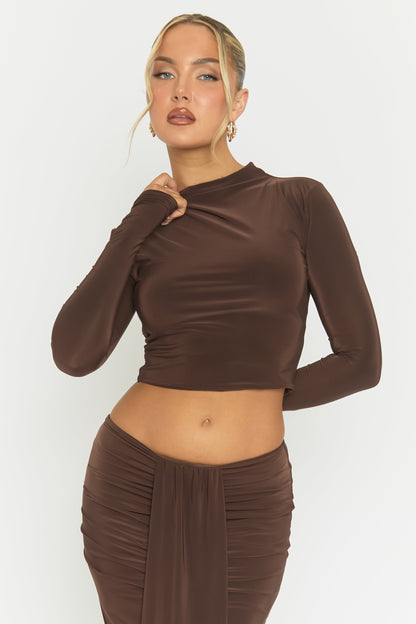 Chocolate Long Sleeve Top and Drape Maxi Skirt Co-ord Set - Yanna