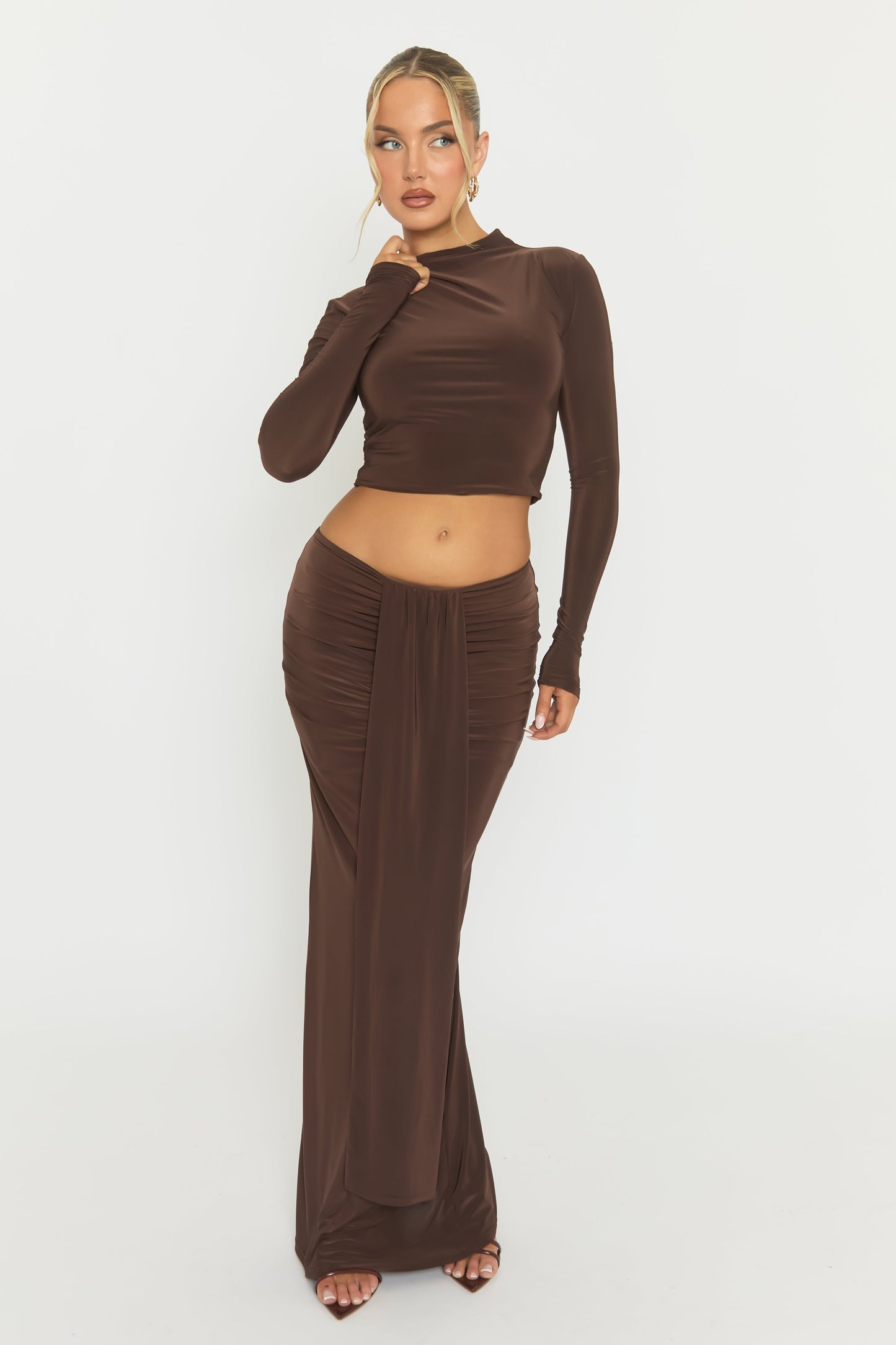 Chocolate Long Sleeve Top and Drape Maxi Skirt Co-ord Set - Yanna