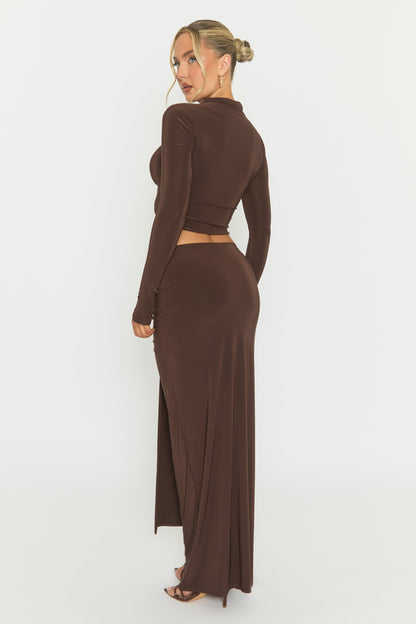 Chocolate Long Sleeve Top and Drape Maxi Skirt Co-ord Set - Yanna