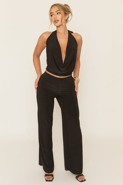 Black Slinky Cowl Top and Wide Leg Trouser Co-ord Set - Avaleen