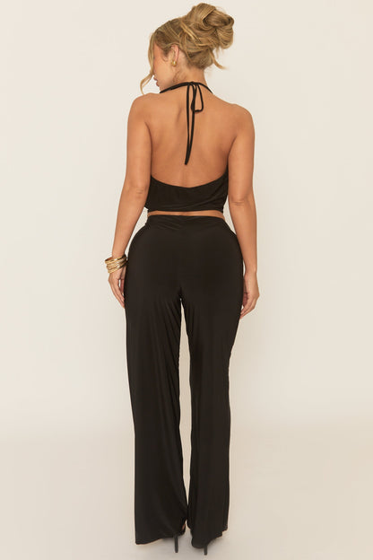 Black Slinky Cowl Top and Wide Leg Trouser Co-ord Set - Avaleen