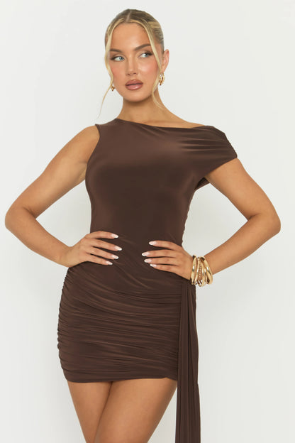 Chocolate Slinky Off Shoulder Drape Mini Dress - Olivia