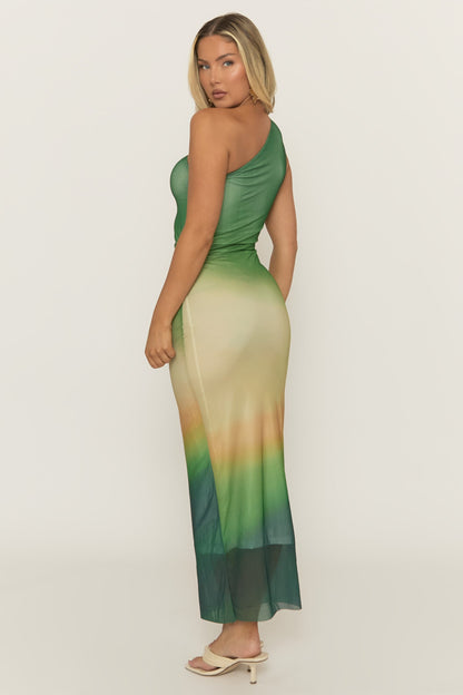 Green One Shoulder Mesh Maxi Dress - Arlowe