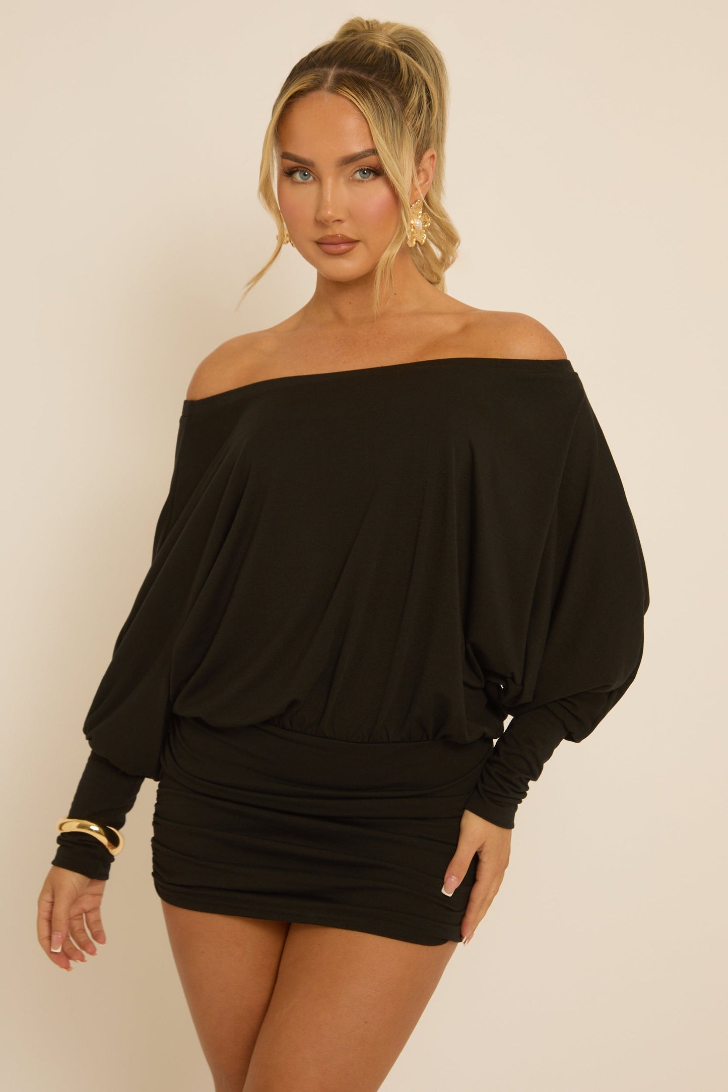 Black Batwing Bardot Mini Dress - Clarice