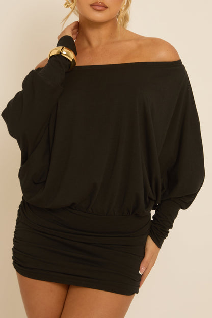 Black Batwing Bardot Mini Dress - Clarice