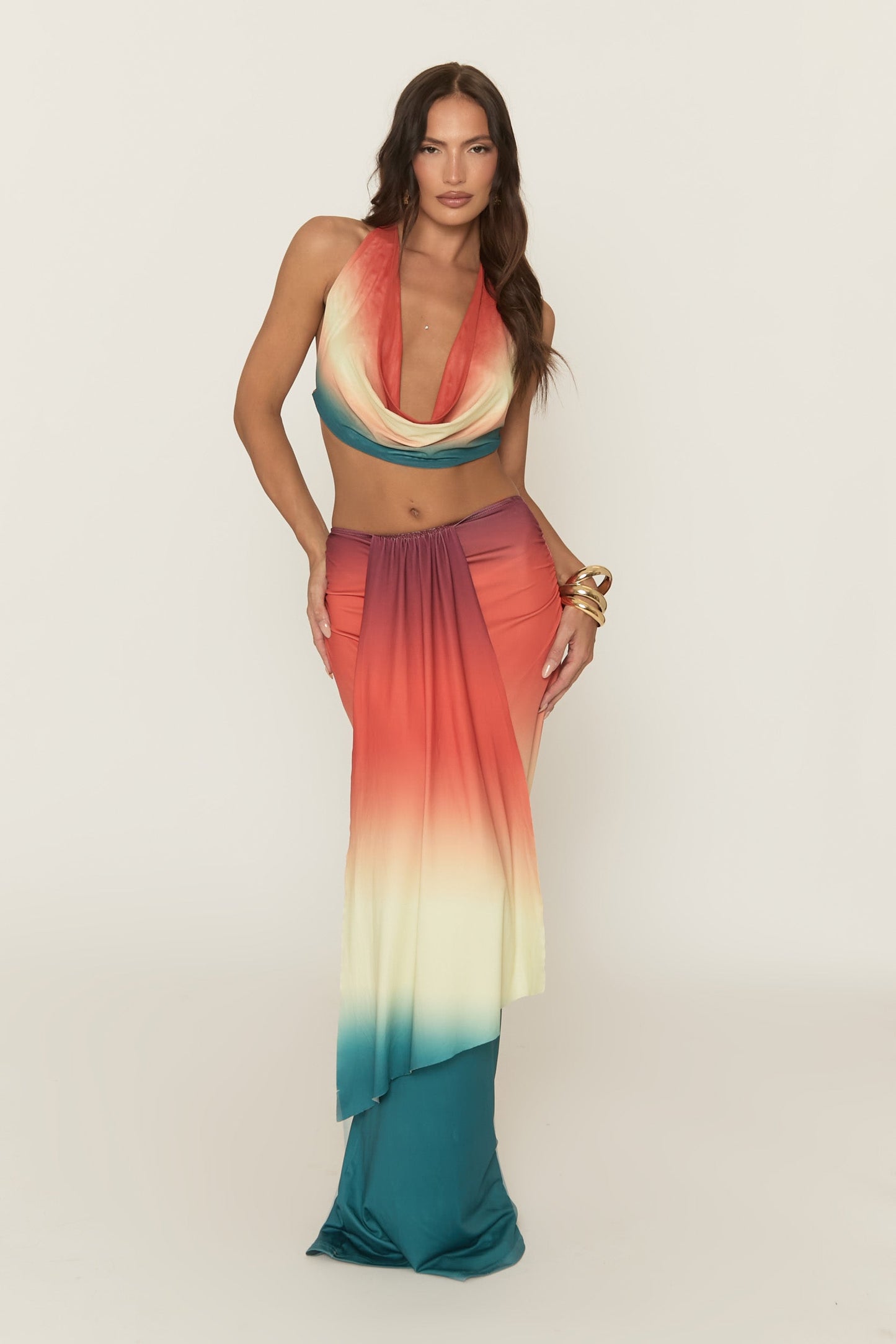 Multi Ombre Print Cowl Halterneck Top and Maxi Skirt Co-Ord Set - Charleen