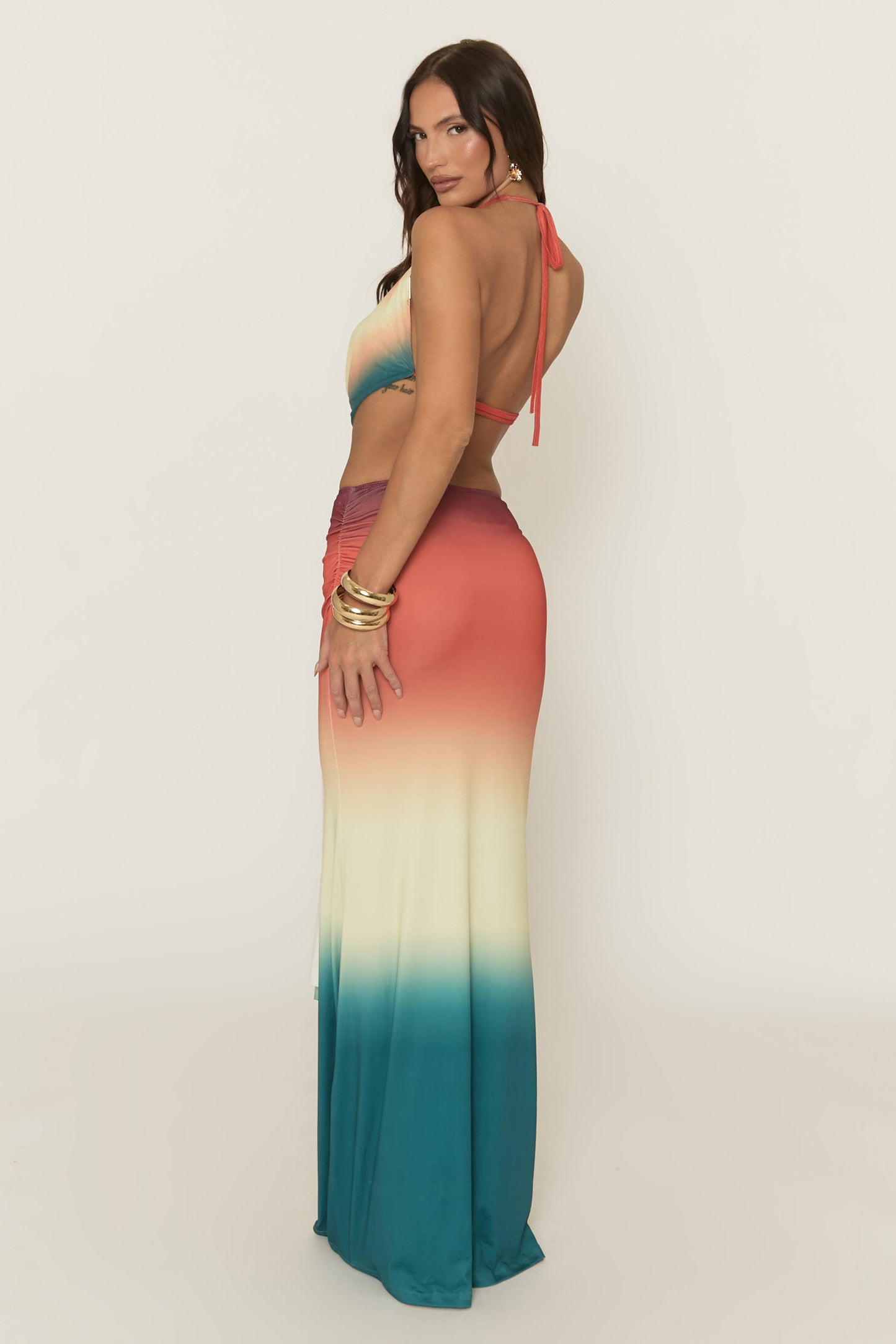 Multi Ombre Print Cowl Halterneck Top and Maxi Skirt Co-Ord Set - Charleen