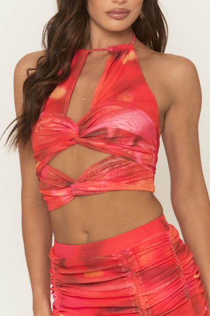 Red Printed Twist Front Halterneck Top and Ruched Mini Skirt Co-Ord - Andraya