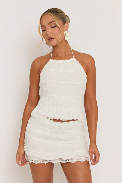 White Shirred Top and Lace Trim Mini Skirt Co-ord Set - Emily