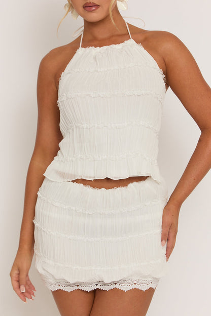 White Shirred Top and Lace Trim Mini Skirt Co-ord Set - Emily