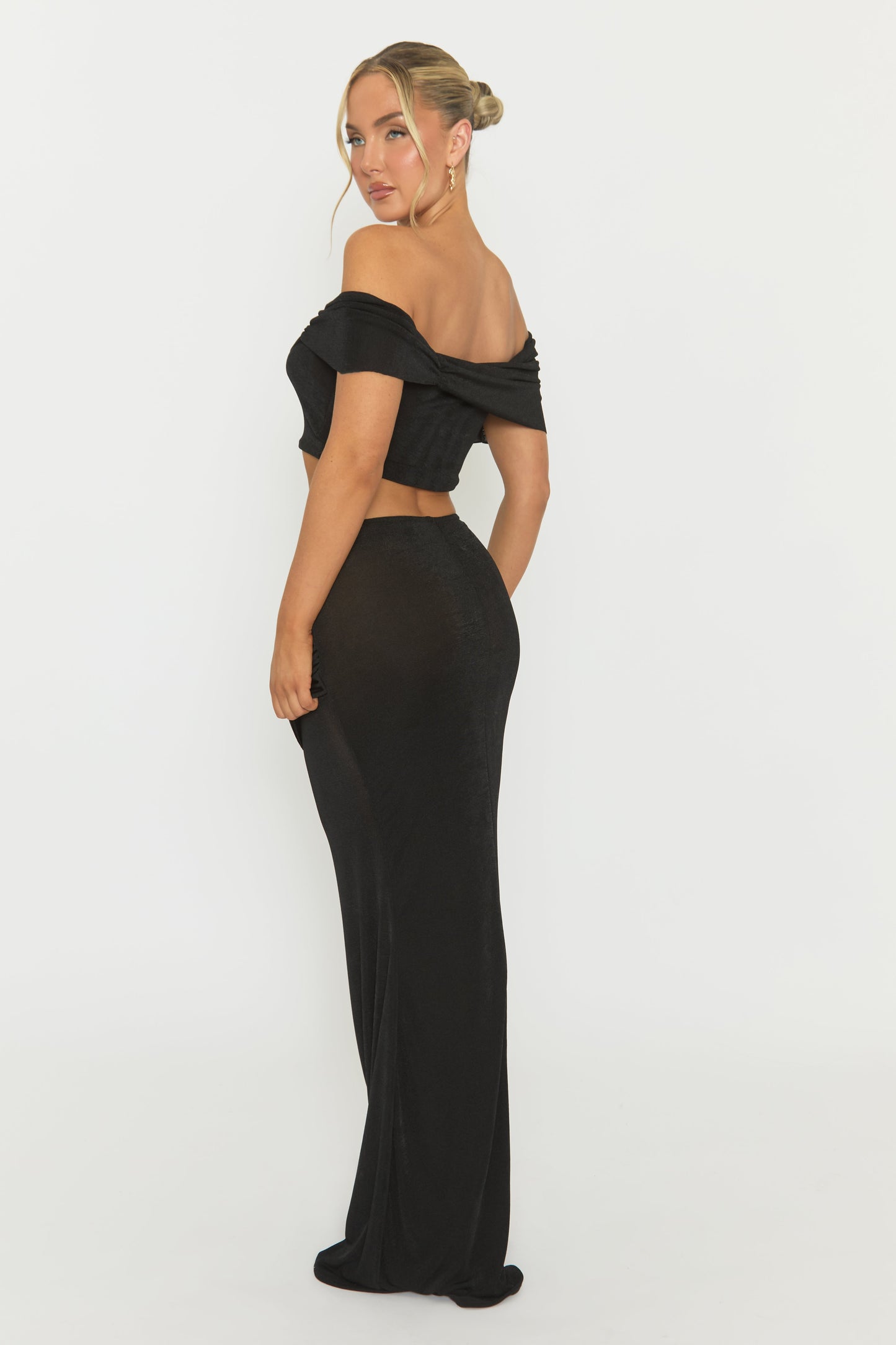 Black Acetate Slinky Bardot Crop Top and Maxi Skirt Co-ord Set - Derren