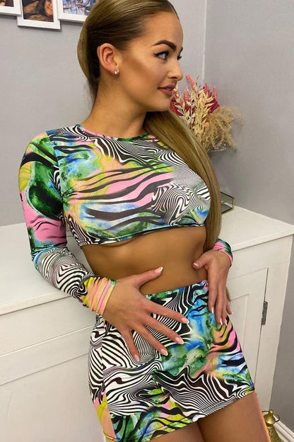 Multi Zebra Print Crop Top & Micro Mini Skirt Set - Emery