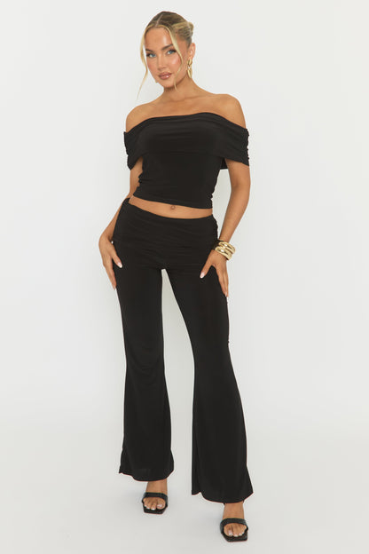 Black Bardot Top and Fold Over Waistband Trousers Co-ord Set - Jeelan