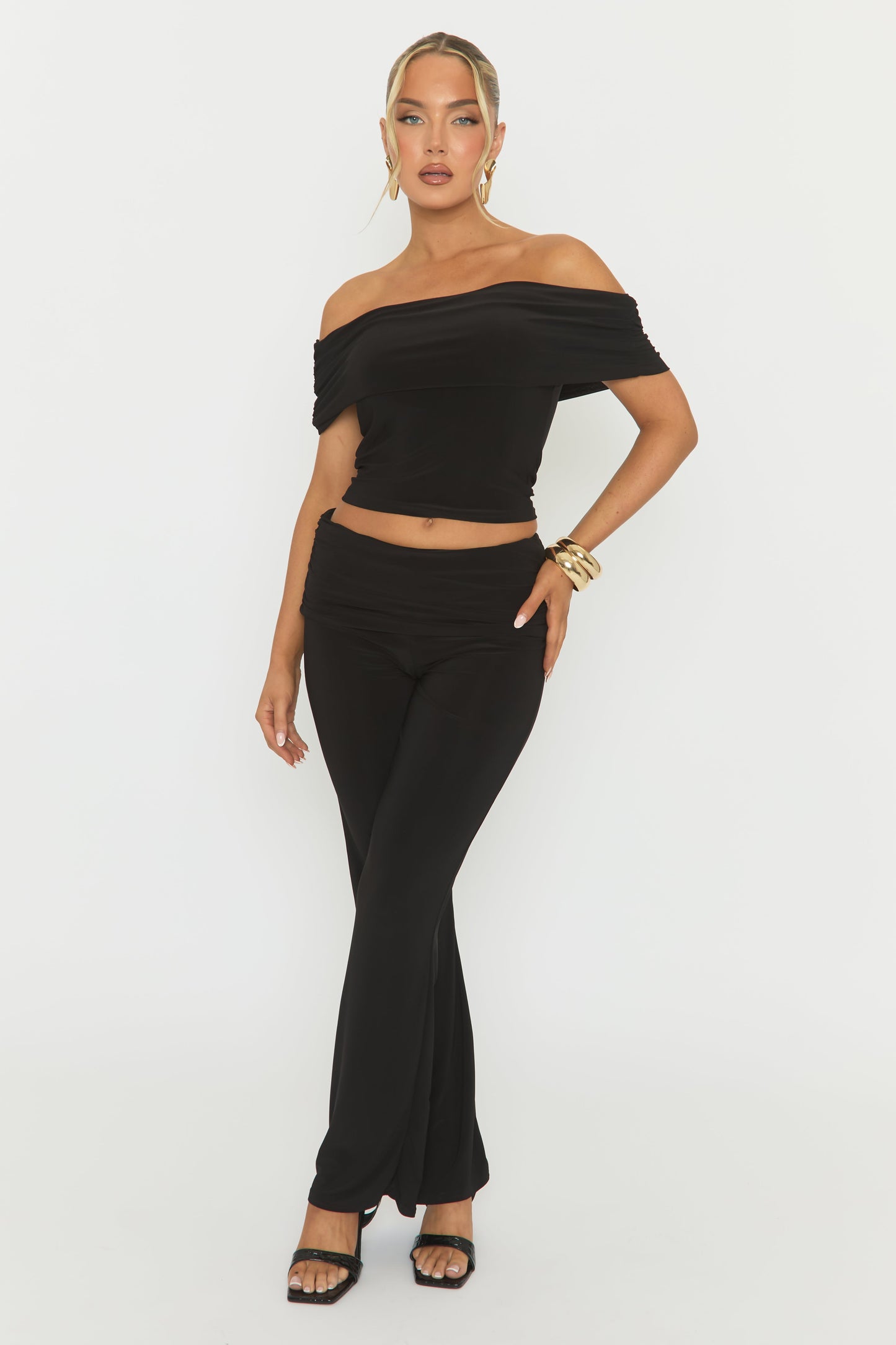Black Bardot Top and Fold Over Waistband Trousers Co-ord Set - Jeelan