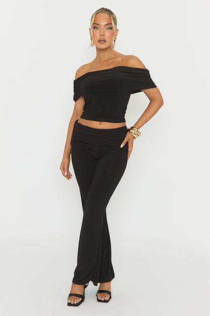 Black Bardot Top and Fold Over Waistband Trousers Co-ord Set - Jeelan